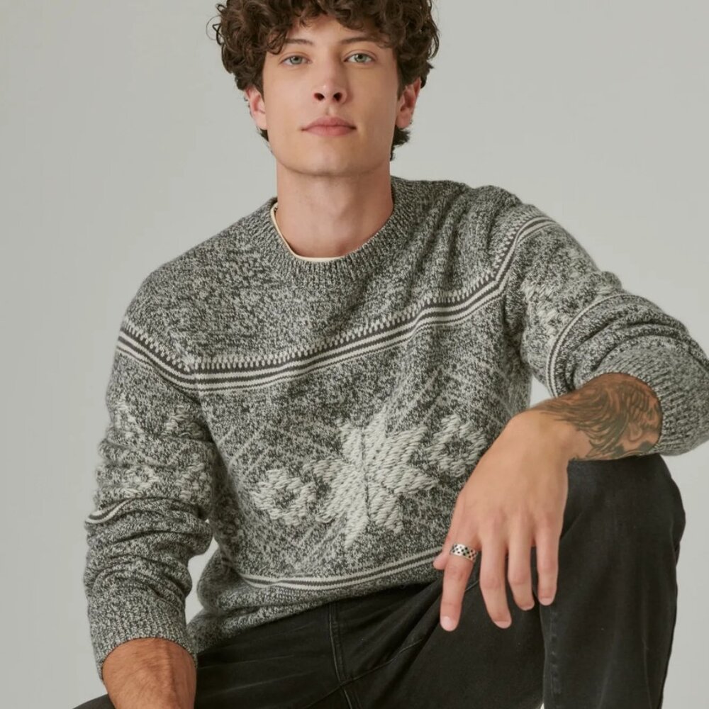 Lucky Brand Sweater Mens Size XL Intarsia Nordic Crew Neck Alpaca Blend Ribbed